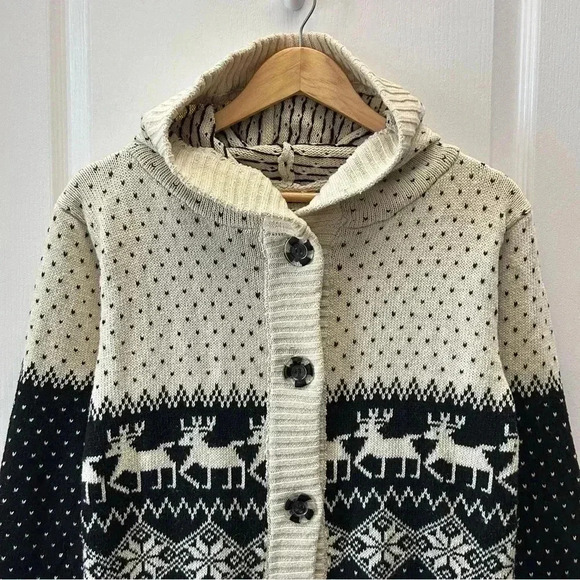 Hand Knit Cardigan Sweater Fair Isle Handmade Christmas Holiday Beige Black Smal - Picture 5 of 16
